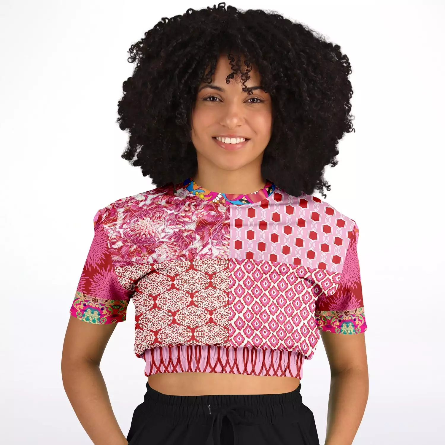 Gypsy Beat Pink Patchwork Sweater - Short Sleeve, Cropped, Eco-Poly Blend