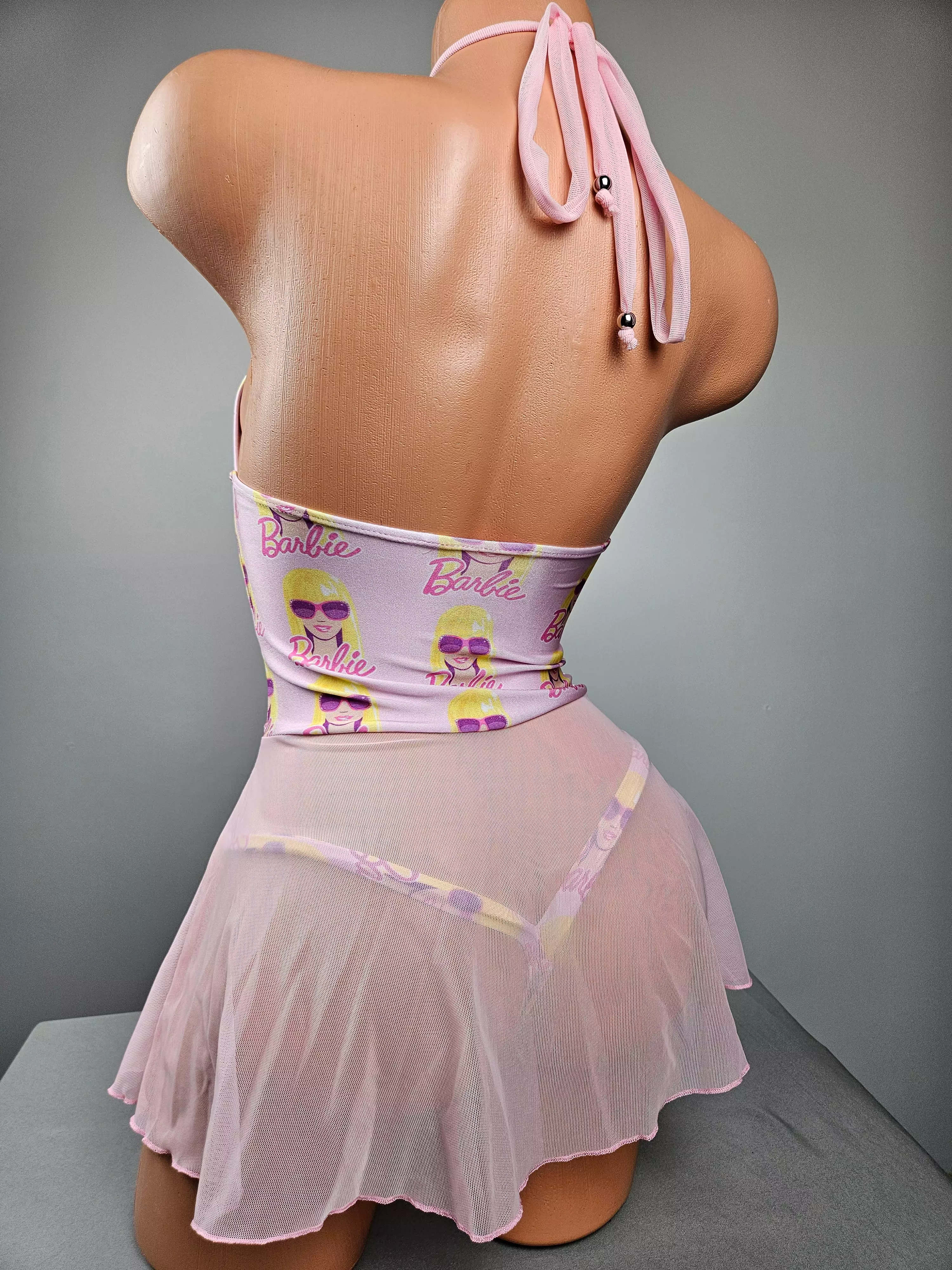 Halter Mini Dress with Ruffled Mesh Skirt and Matching Thong