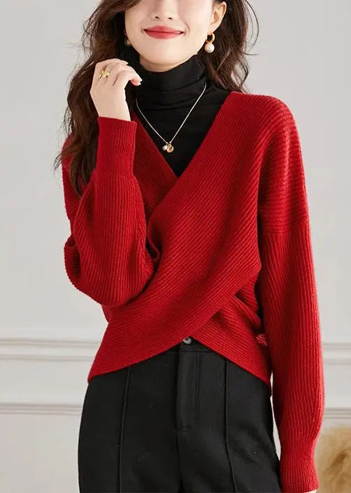 Handmade Red V Neck Knit Tops Spring + HA1063