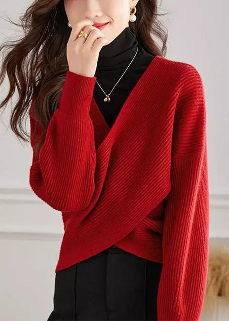 Handmade Red V Neck Knit Tops Spring + HA1063