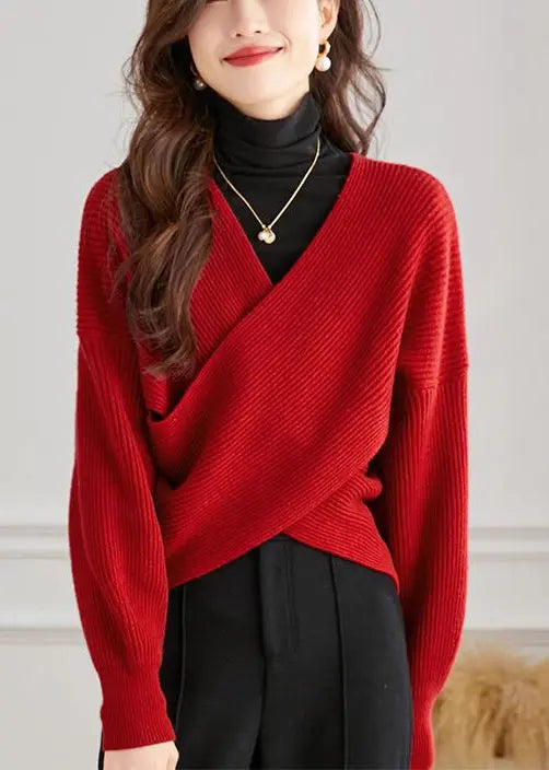 Handmade Red V Neck Knit Tops Spring + HA1063