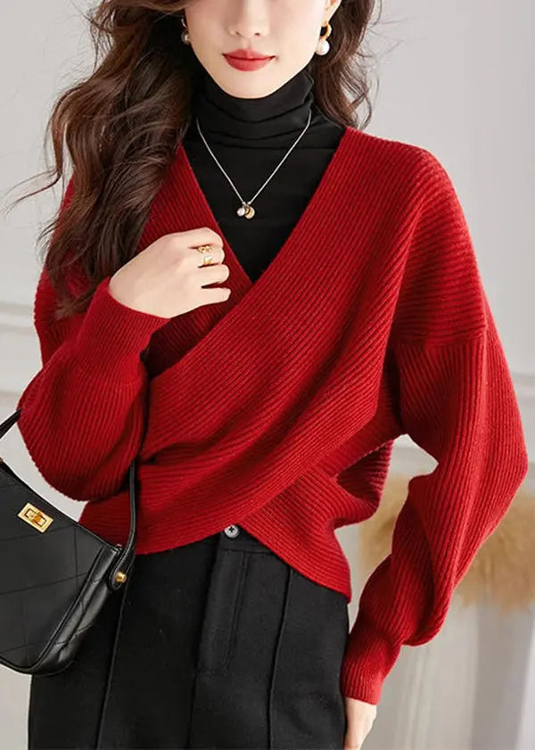 Handmade Red V Neck Knit Tops Spring + HA1063