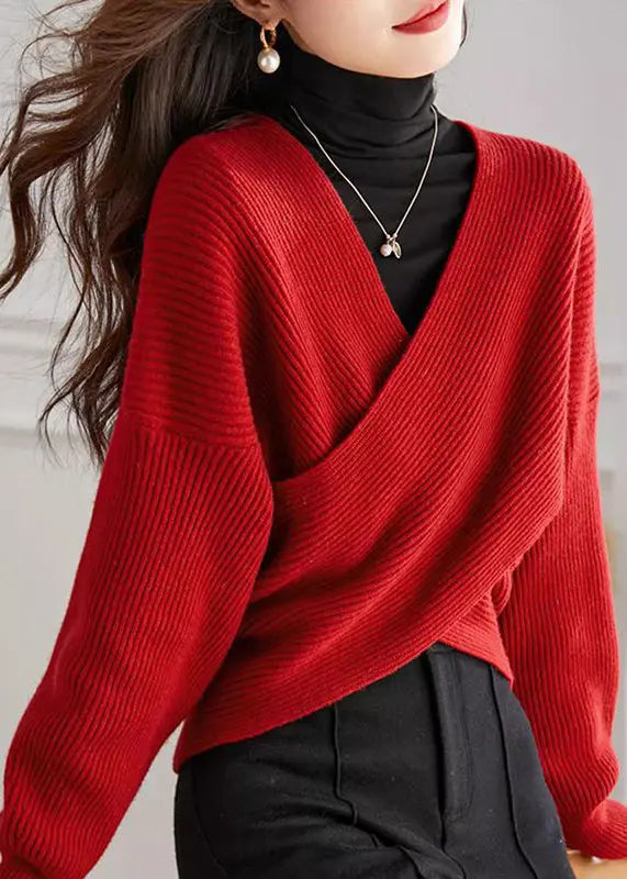 Handmade Red V Neck Knit Tops Spring + HA1063