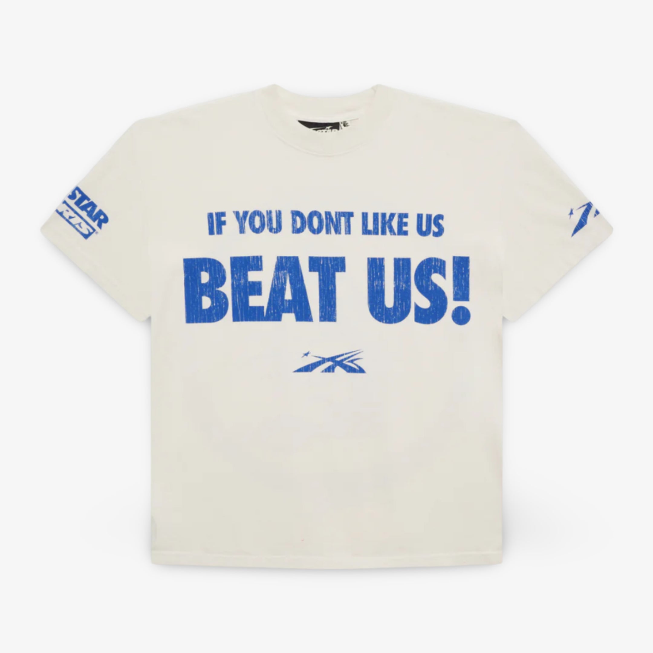 Hellstar Sports T-Shirt 'Beat Us!' White / Blue SS24 - Buy Now