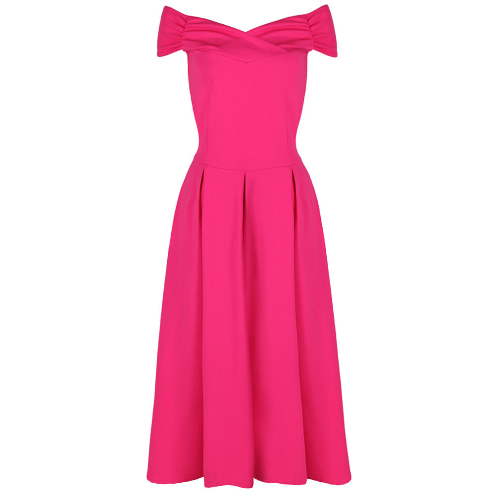 Hot Pink Bardot Dress, 50s Swing Dress, Crossover Design