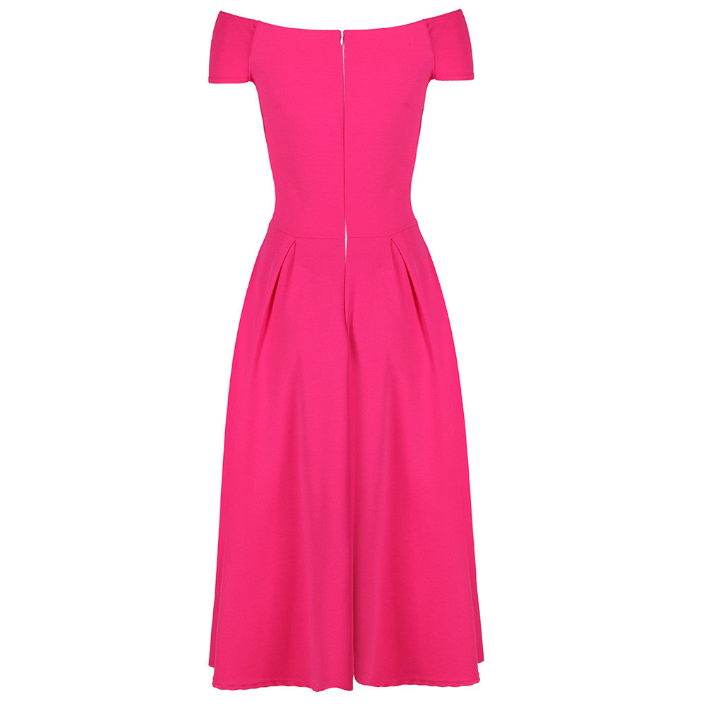 Hot Pink Bardot Dress, 50s Swing Dress, Crossover Design