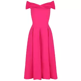 Hot Pink Bardot Dress, 50s Swing Dress, Crossover Design