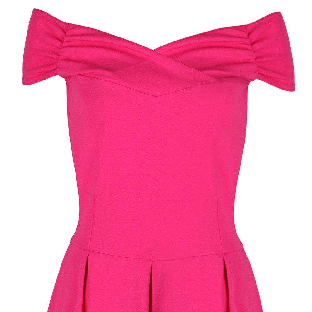 Hot Pink Bardot Dress, 50s Swing Dress, Crossover Design