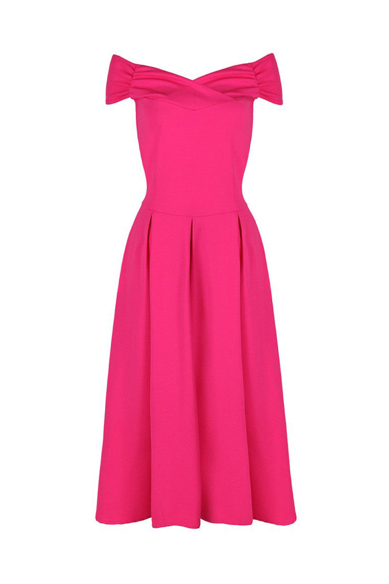 Hot Pink Bardot Dress, 50s Swing Dress, Crossover Design