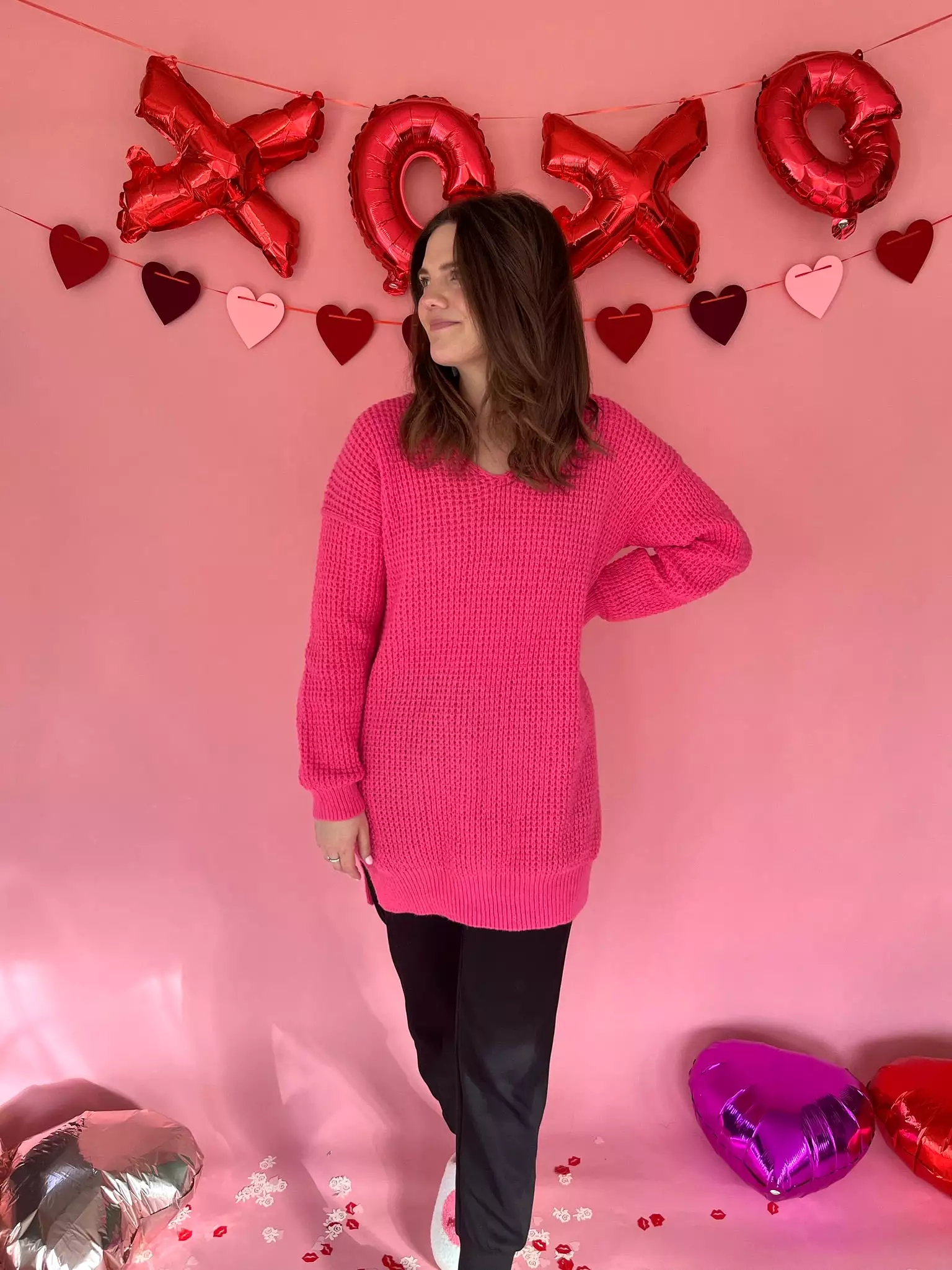 Hot Pink Ribbed Knit Sweater - V-neck Style