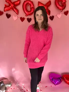 Hot Pink Ribbed Knit Sweater - V-neck Style