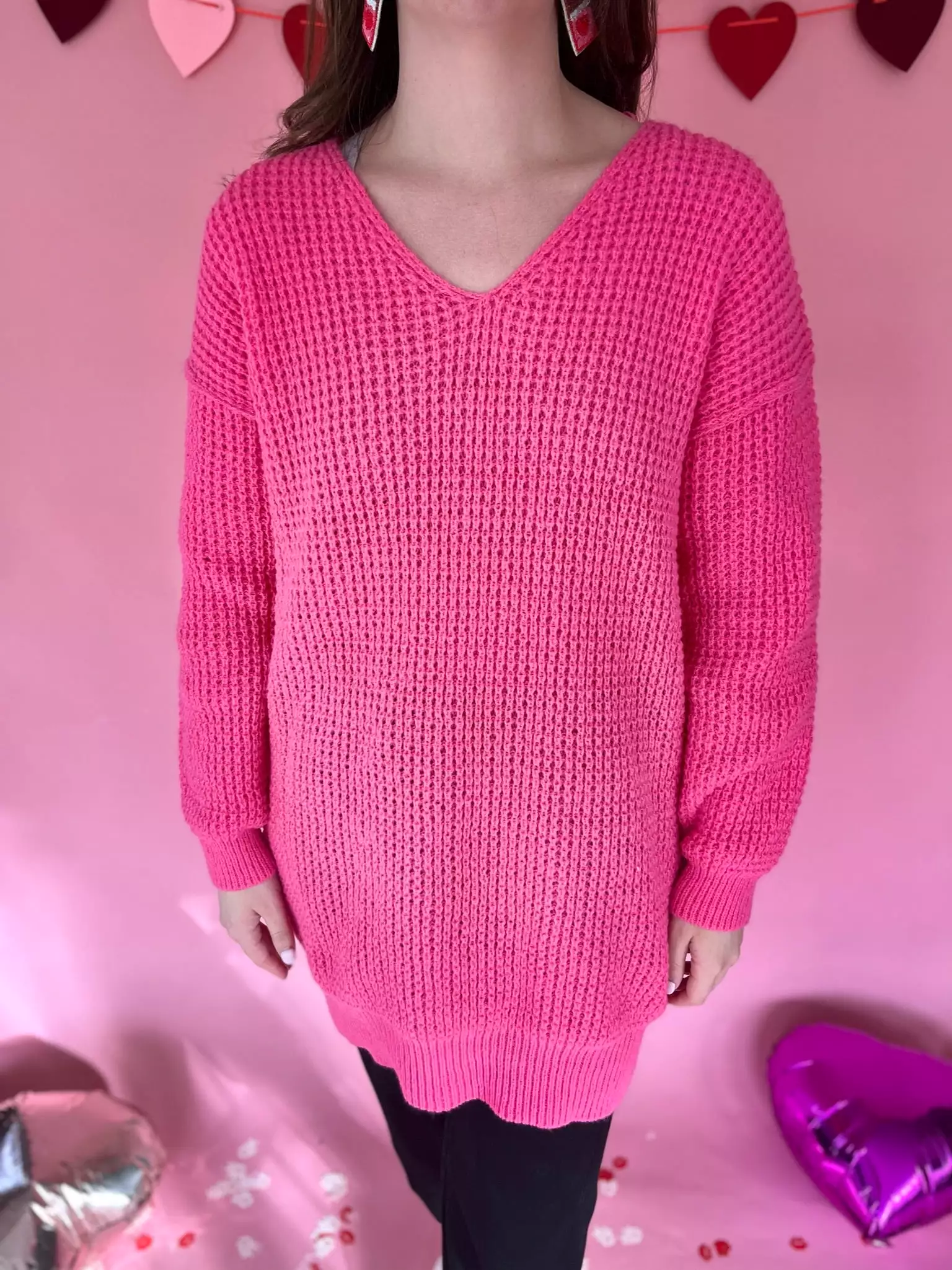 Hot Pink Ribbed Knit Sweater - V-neck Style