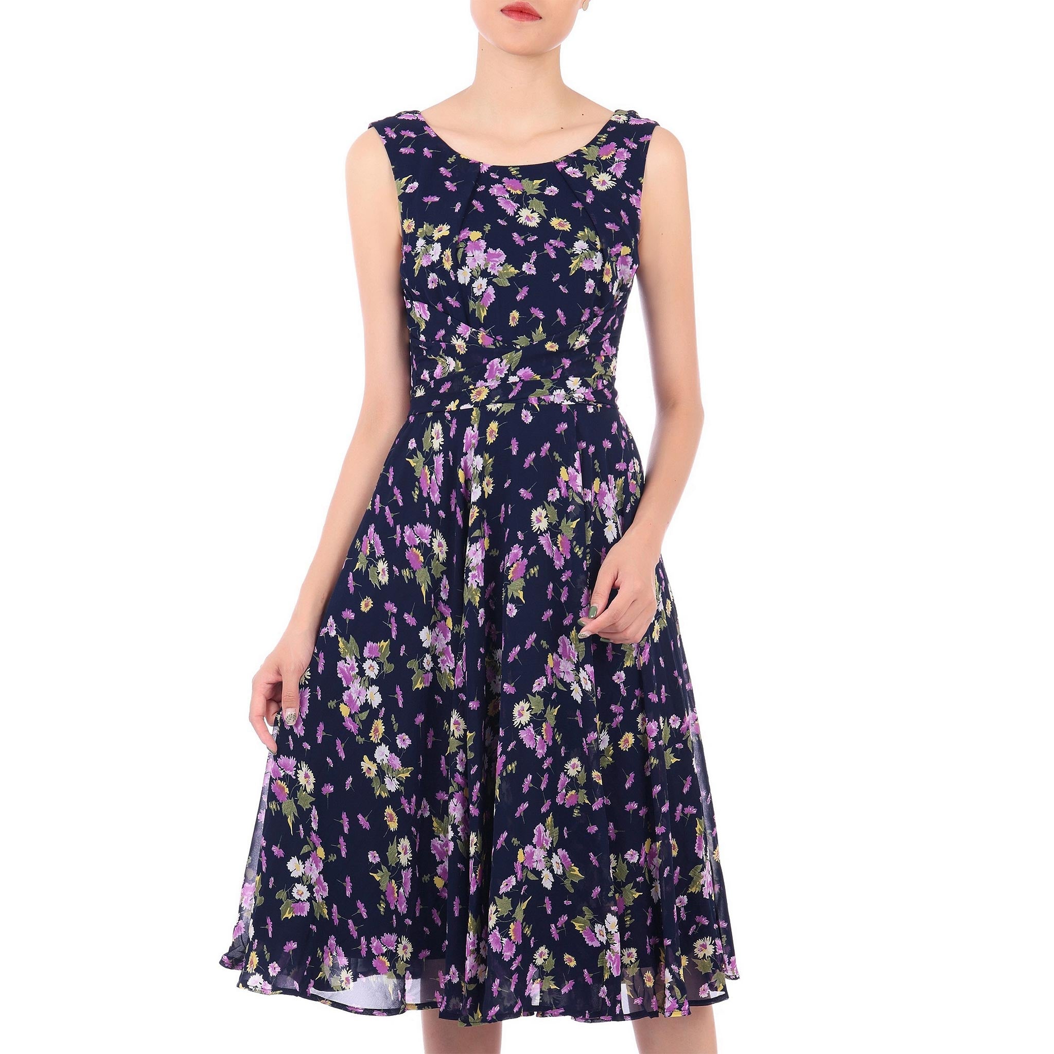 Jolie Moi Navy Blue Floral Sleeveless Chiffon 50s Swing Audrey Dress for sale online.