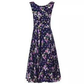 Jolie Moi Navy Blue Floral Sleeveless Chiffon 50s Swing Audrey Dress for sale online.