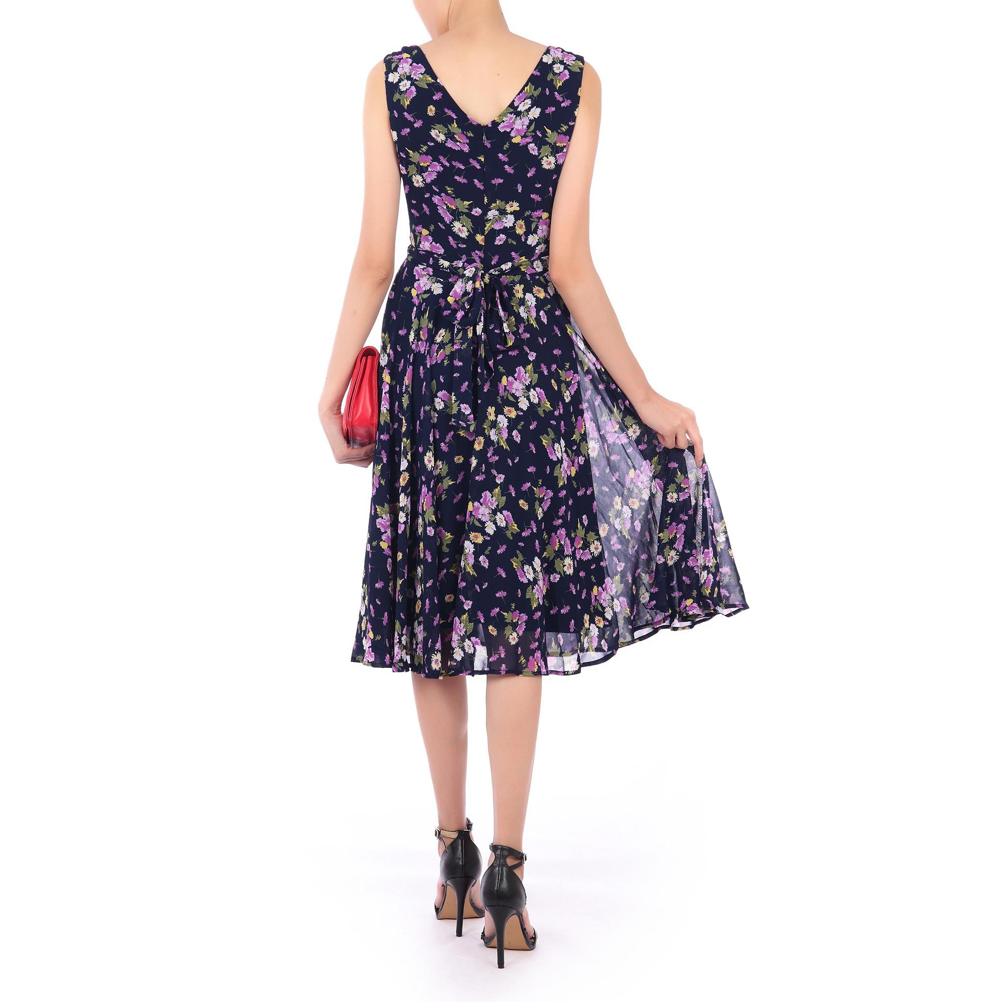 Jolie Moi Navy Blue Floral Sleeveless Chiffon 50s Swing Audrey Dress for sale online.