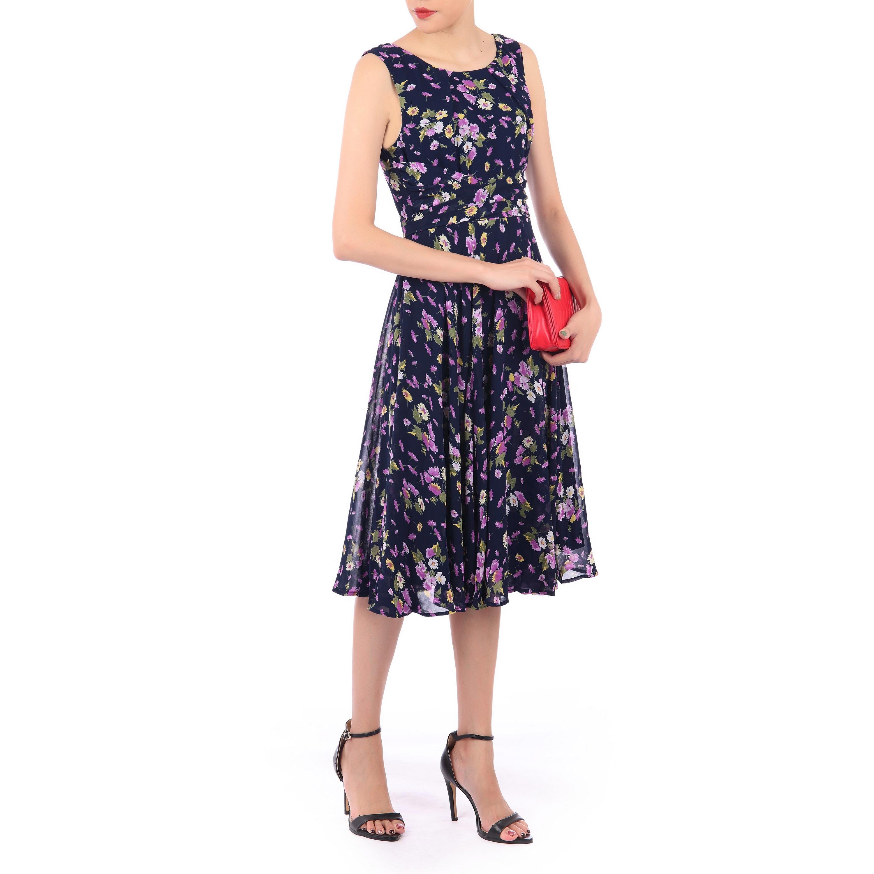 Jolie Moi Navy Blue Floral Sleeveless Chiffon 50s Swing Audrey Dress for sale online.