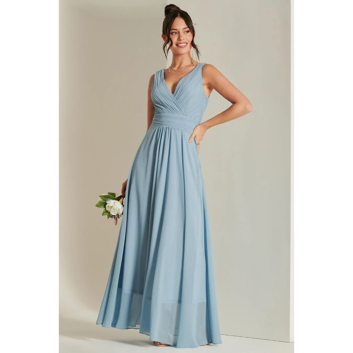 Jolie Moi Pale Blue V-Neck Pleated Maxi Dress