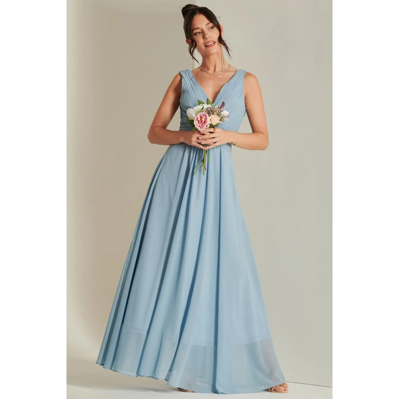 Jolie Moi Pale Blue V-Neck Pleated Maxi Dress