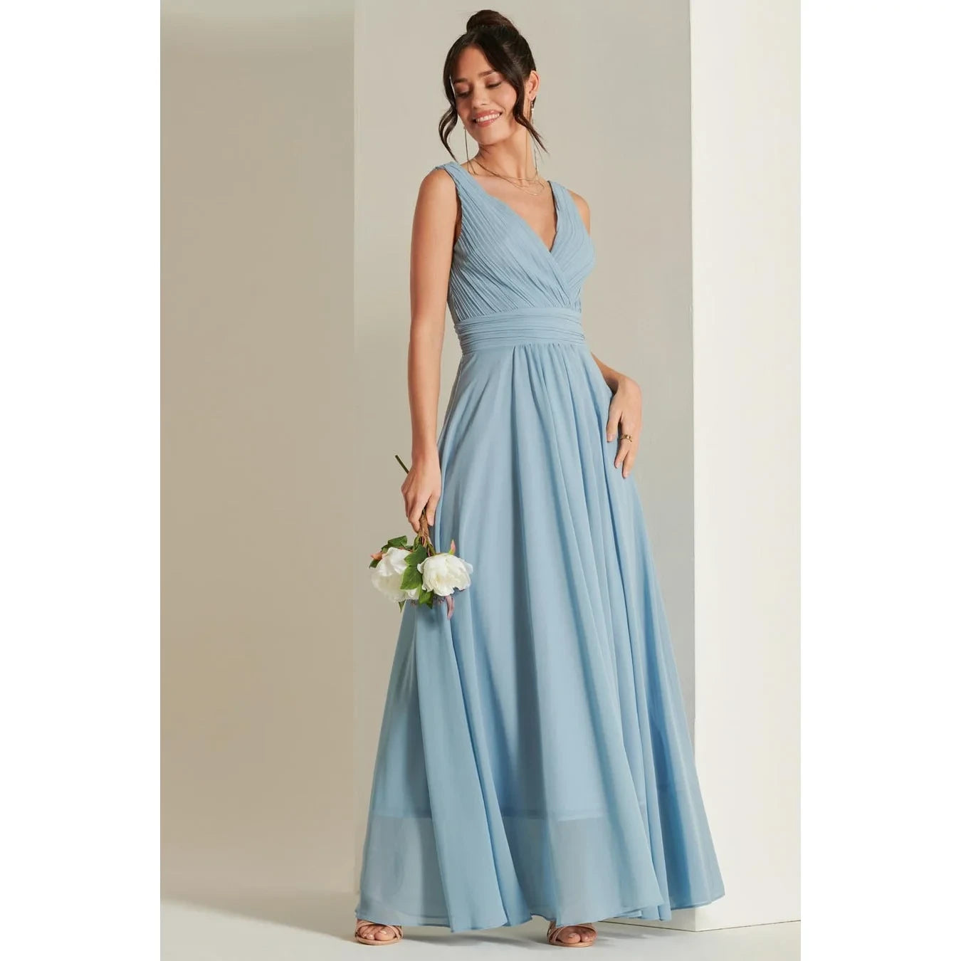 Jolie Moi Pale Blue V-Neck Pleated Maxi Dress