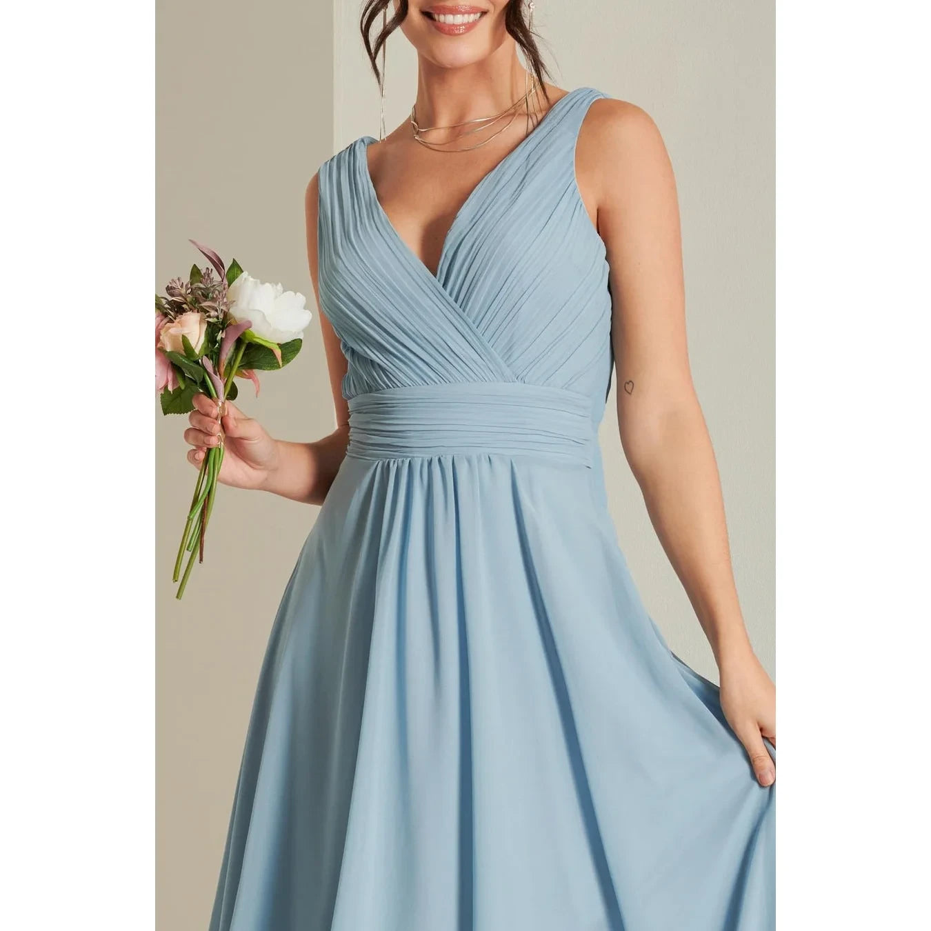 Jolie Moi Pale Blue V-Neck Pleated Maxi Dress