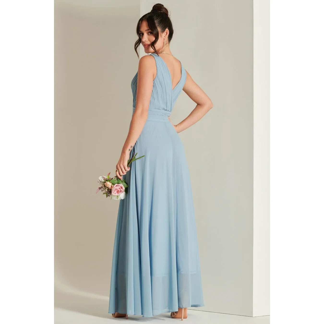 Jolie Moi Pale Blue V-Neck Pleated Maxi Dress