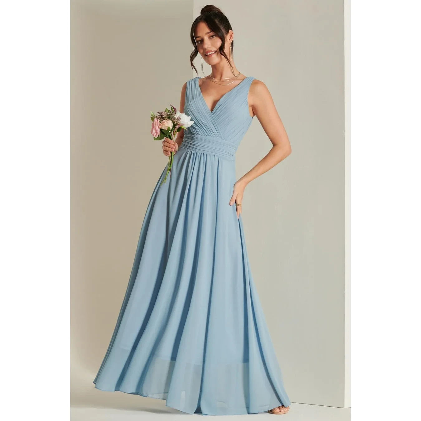 Jolie Moi Pale Blue V-Neck Pleated Maxi Dress