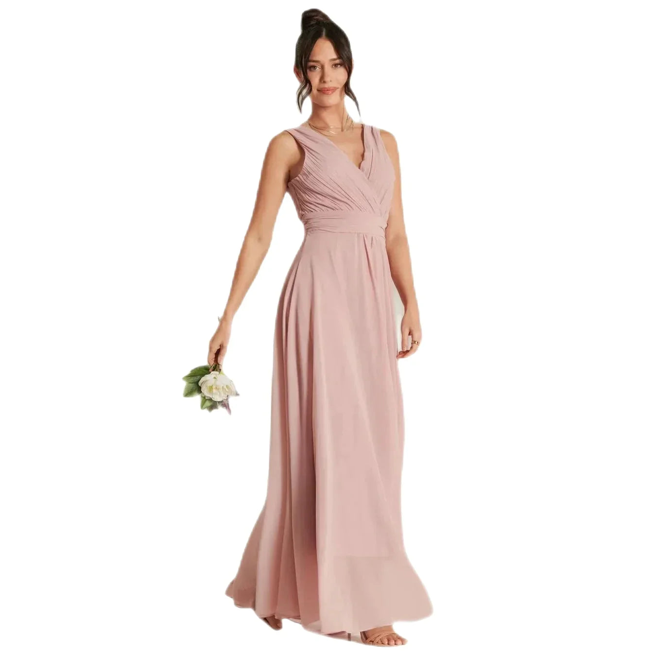 Jolie Moi Pink V-Neck Maxi Dress with Pleated Bodice