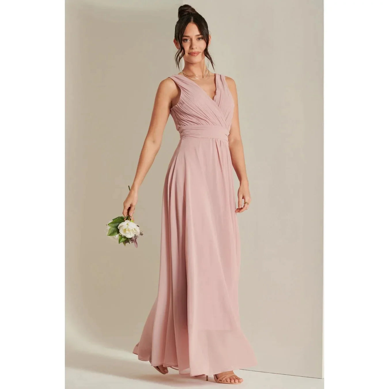 Jolie Moi Pink V-Neck Maxi Dress with Pleated Bodice