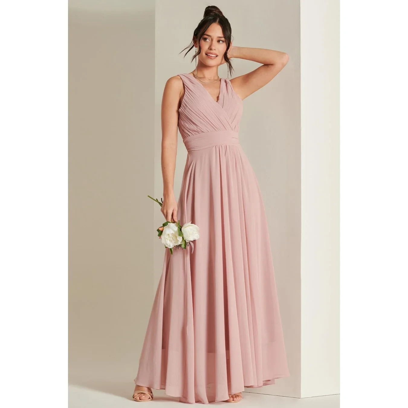 Jolie Moi Pink V-Neck Maxi Dress with Pleated Bodice