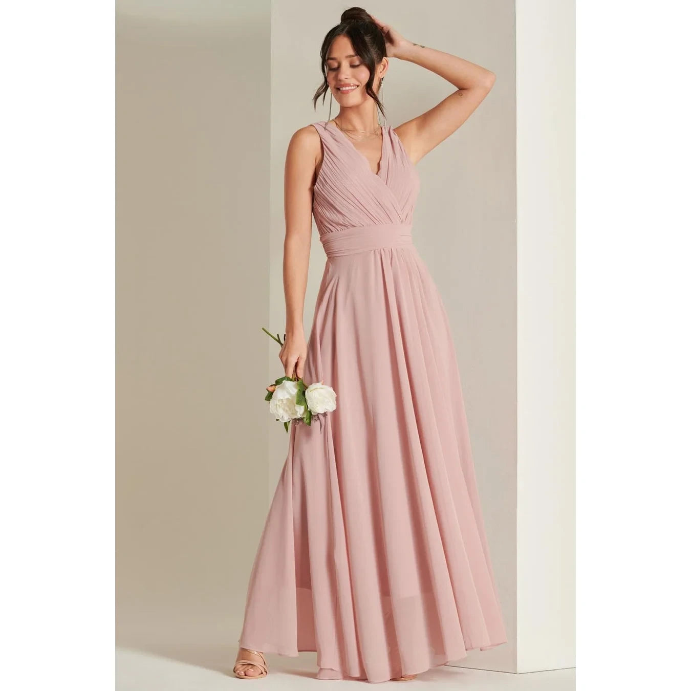 Jolie Moi Pink V-Neck Maxi Dress with Pleated Bodice