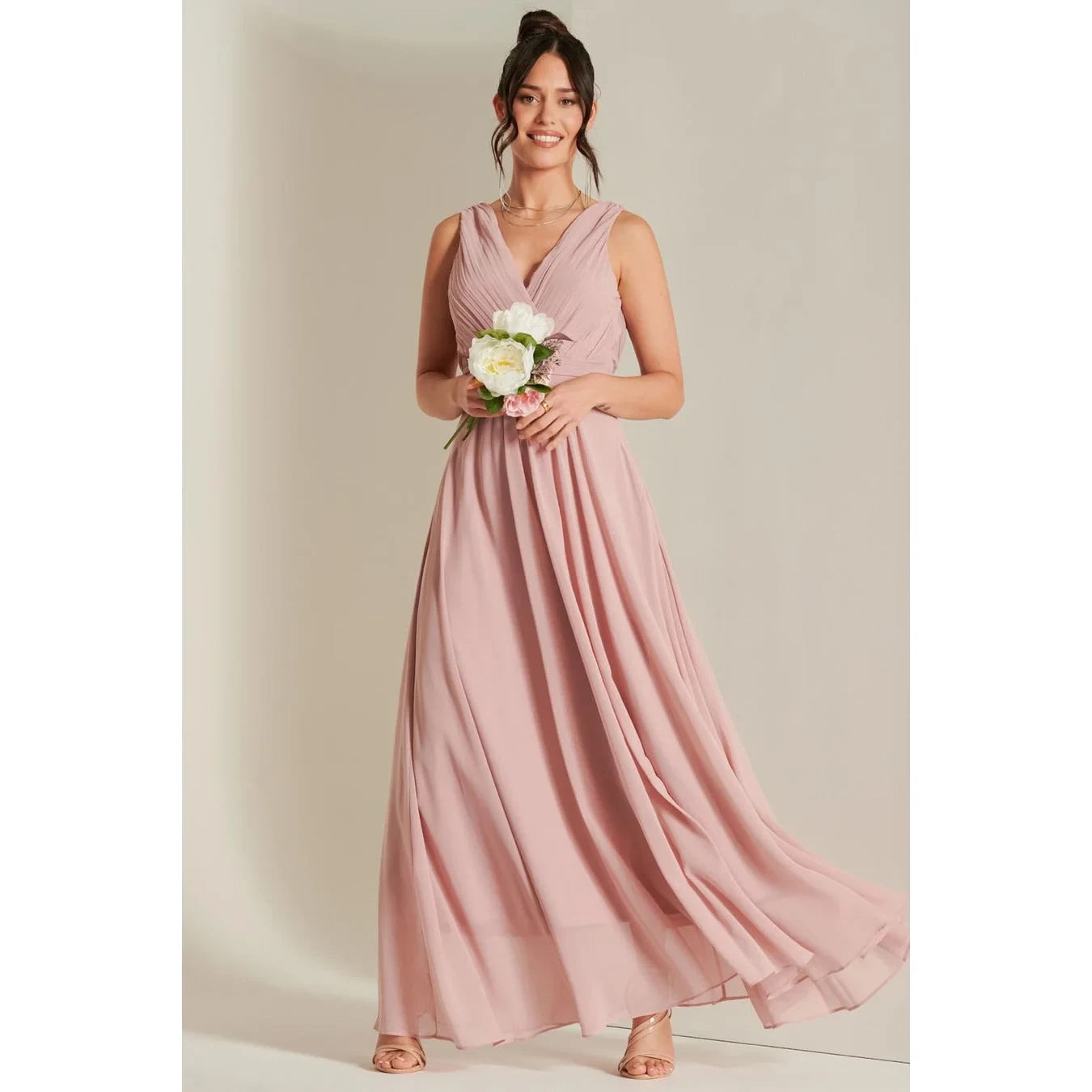 Jolie Moi Pink V-Neck Maxi Dress with Pleated Bodice