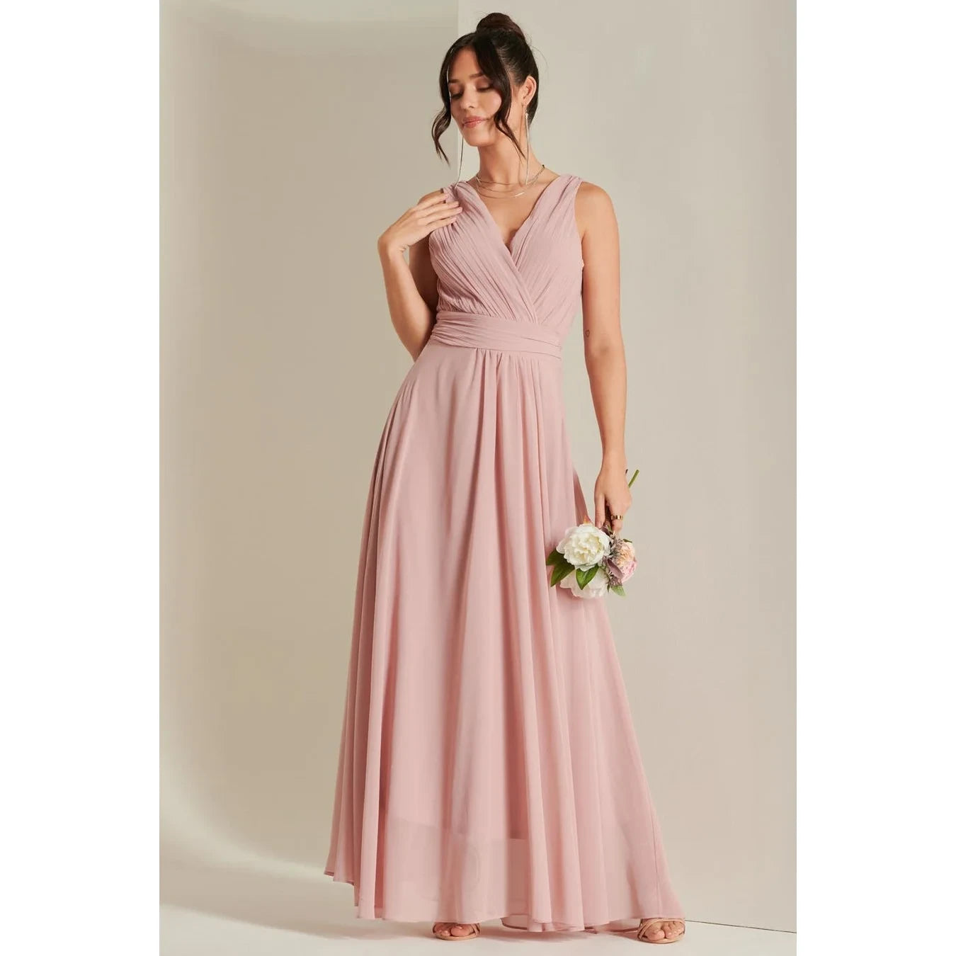 Jolie Moi Pink V-Neck Maxi Dress with Pleated Bodice