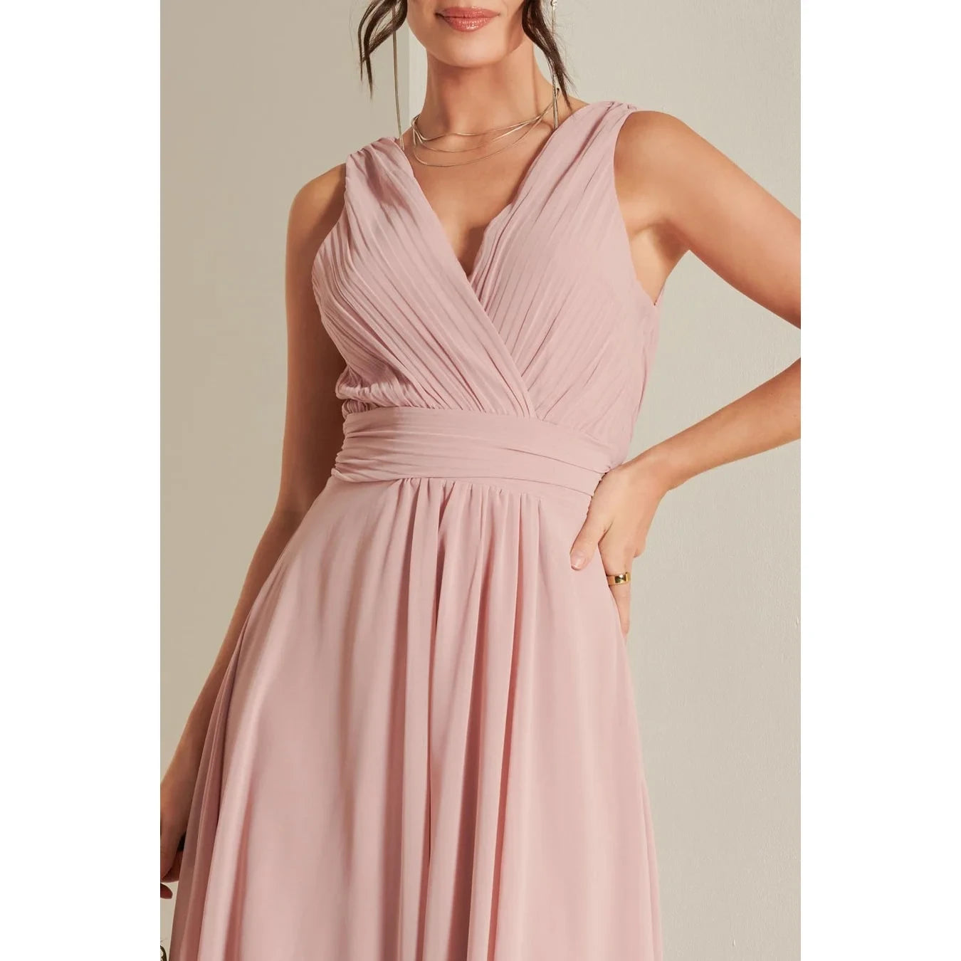 Jolie Moi Pink V-Neck Maxi Dress with Pleated Bodice