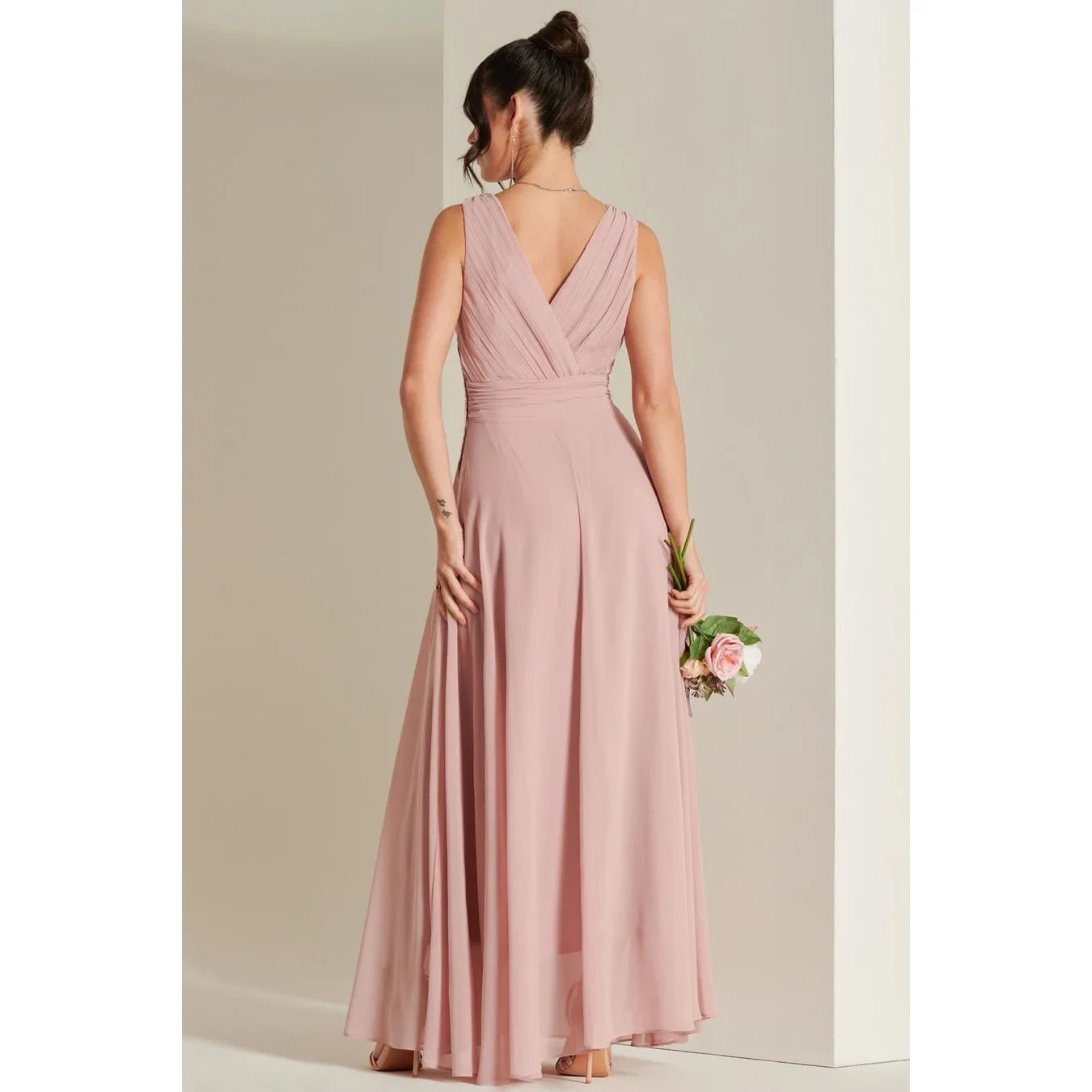 Jolie Moi Pink V-Neck Maxi Dress with Pleated Bodice