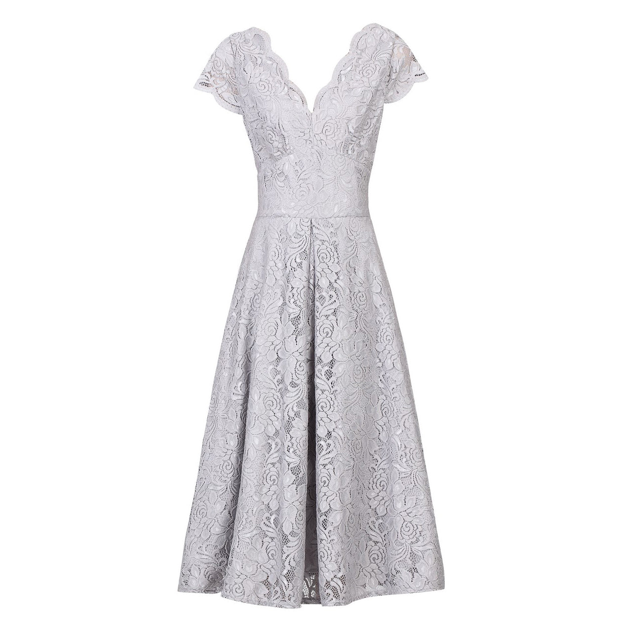 Jolie Moi Silver Grey Cap Sleeve Scallop Neck Lace Dress