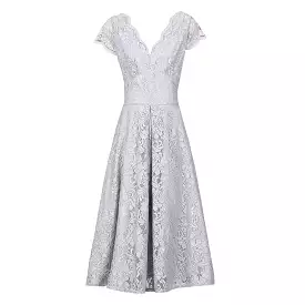 Jolie Moi Silver Grey Cap Sleeve Scallop Neck Lace Dress