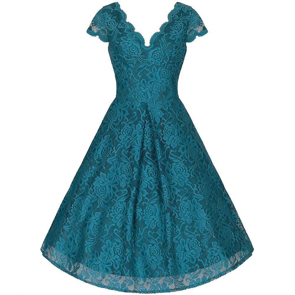 Jolie Moi Teal Lace Dress - Cap Sleeve Swing Dress