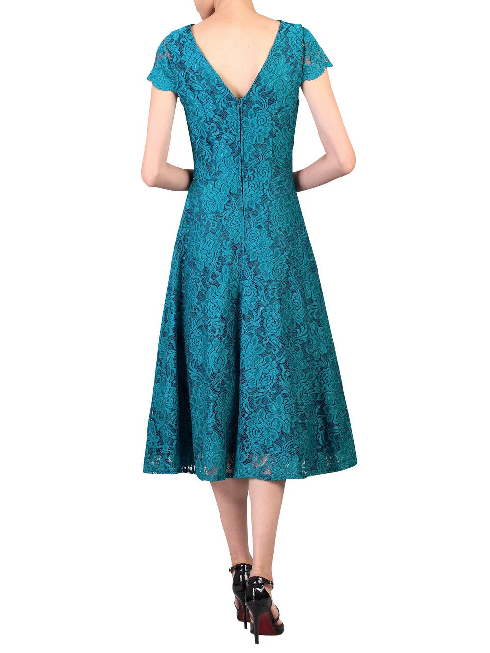 Jolie Moi Teal Lace Dress - Cap Sleeve Swing Dress