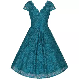 Jolie Moi Teal Lace Dress - Cap Sleeve Swing Dress