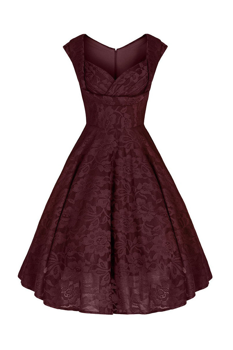 Jolie Moi Wine Red Lace Sweetheart Neck Swing Dress