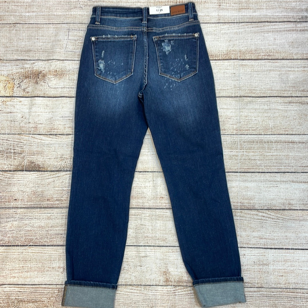 Judy Blue Dark Wash Boyfriend Jeans with Bleach Splash.