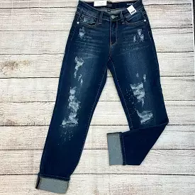 Judy Blue Dark Wash Boyfriend Jeans with Bleach Splash.