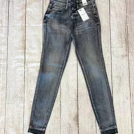 Judy Blue gray high-waisted jeans with heavy sanding.