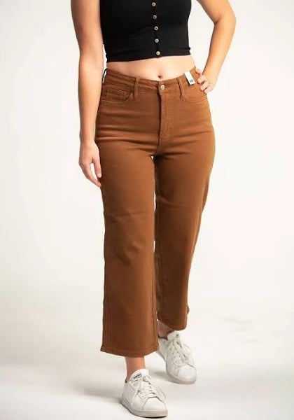 Judy Blue high waist tummy control wide crop jeans in garment-dyed finish