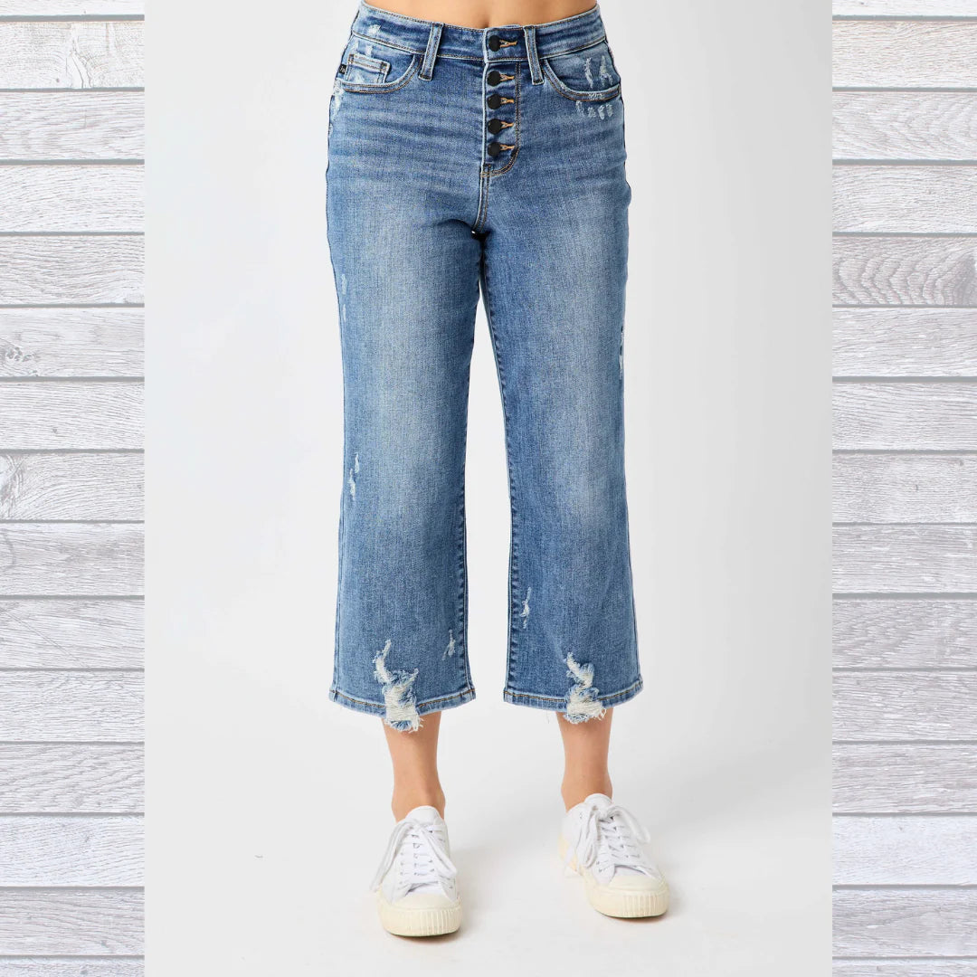 Judy Blue High Waisted Fly Wide Leg Crop Jeans with Distressed Detailing