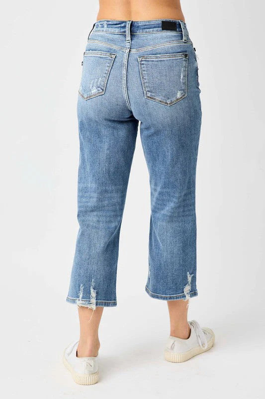 Judy Blue High Waisted Fly Wide Leg Crop Jeans with Distressed Detailing