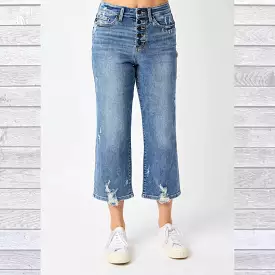 Judy Blue High Waisted Fly Wide Leg Crop Jeans with Distressed Detailing