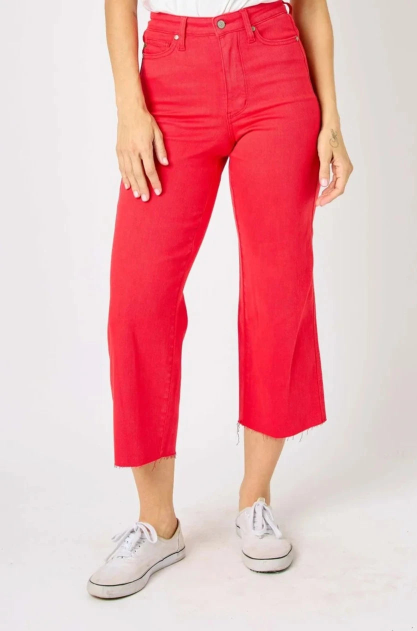 Judy Blue high-waisted garment-dyed crop pants with tummy control and wide legs.