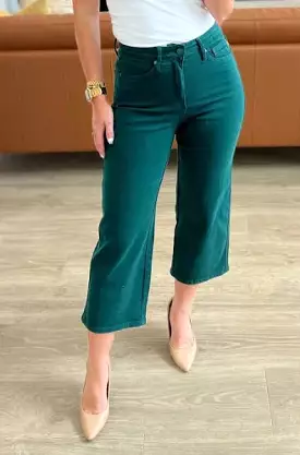 Judy Blue High-Waisted Teal Tummy Control Wide Crop Pants