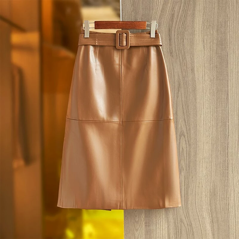 Khaki Green Leather Skirt With Belt - Casual A-line Saia for Ladies